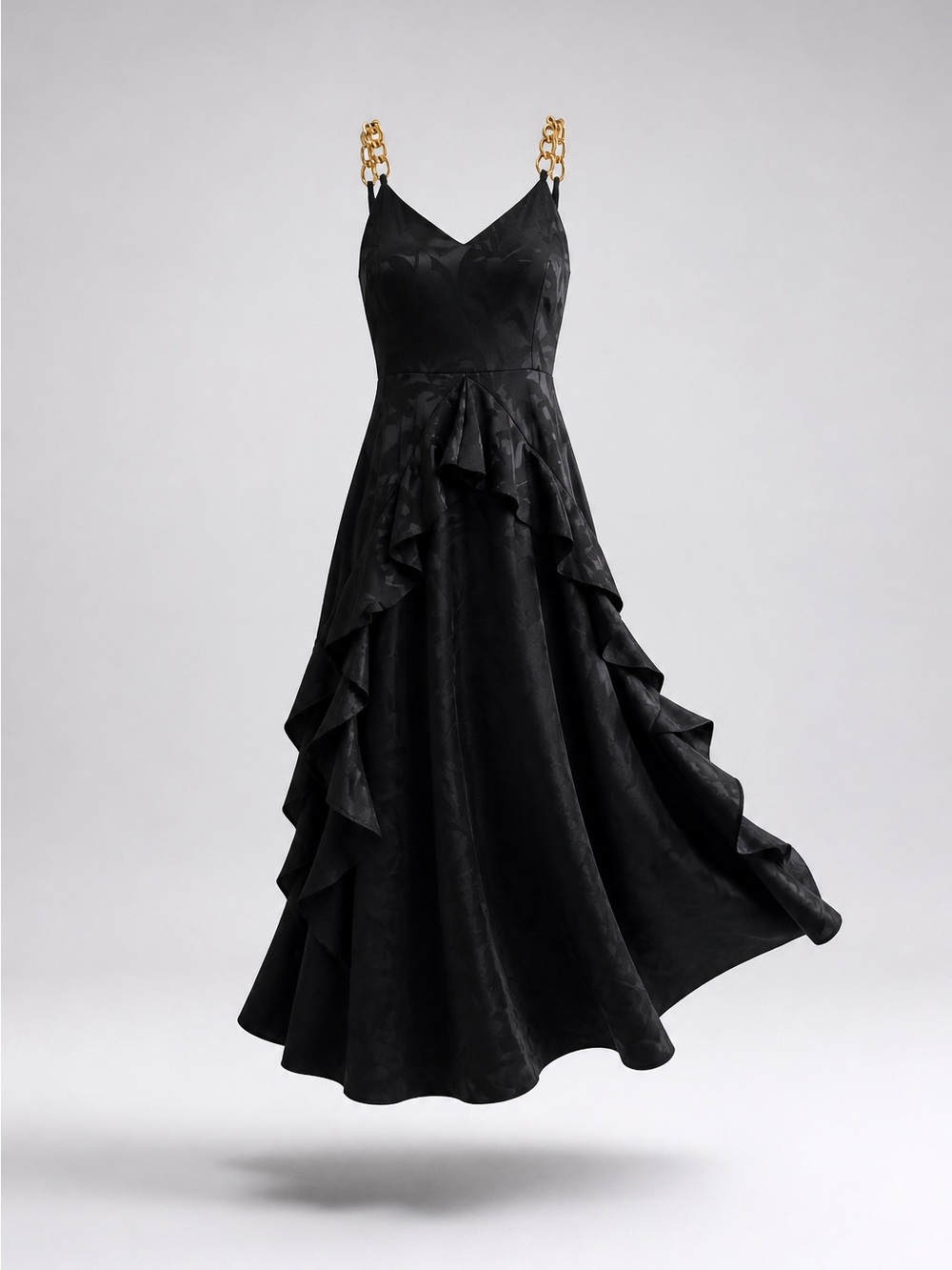 Black Strapless V-Neck Ruffle Midi Dress with Gold Chain Straps - Picture 2 of 9